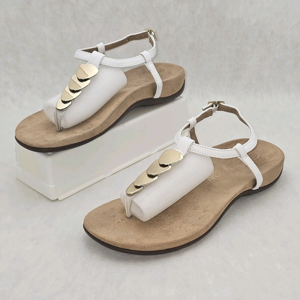 EUC VIONIC Miami Sandals White T Strap w Gold Accents Arch Support Sz 7.5 - Picture 2 of 10